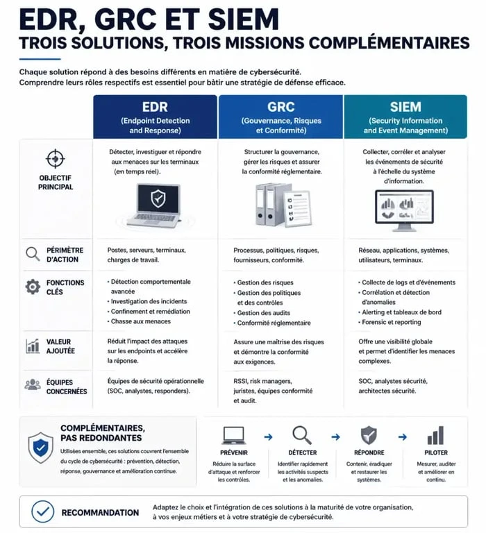Comparatif des logiciels de cybersécurité : EDR, GRC et SIEM pour entreprises.