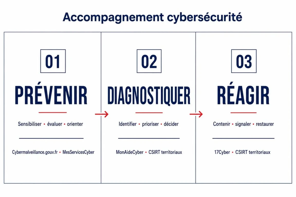 Accompagnement cybersécurité : schéma des étapes prévenir, diagnostiquer et réagir avec les principaux dispositifs d’aide