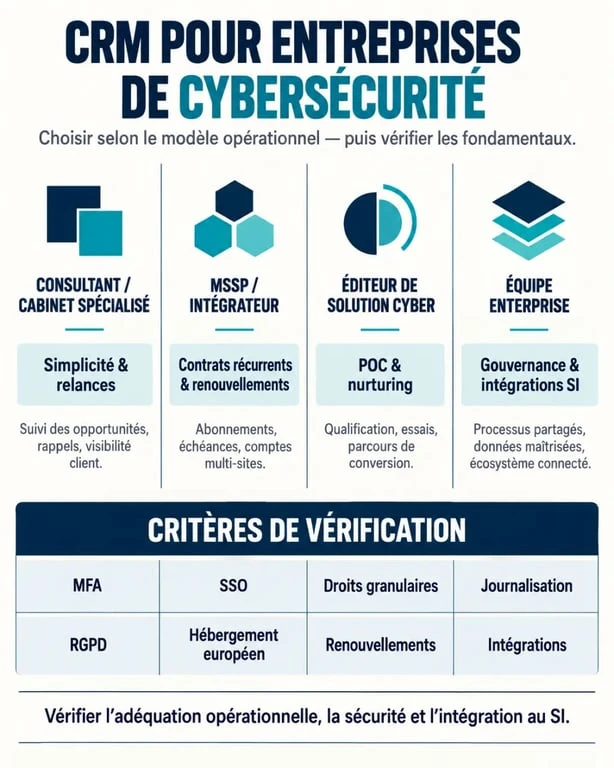 Infographie des critères pour choisir des plateformes CRM pour entreprises de cybersécurité selon le profil et les besoins
