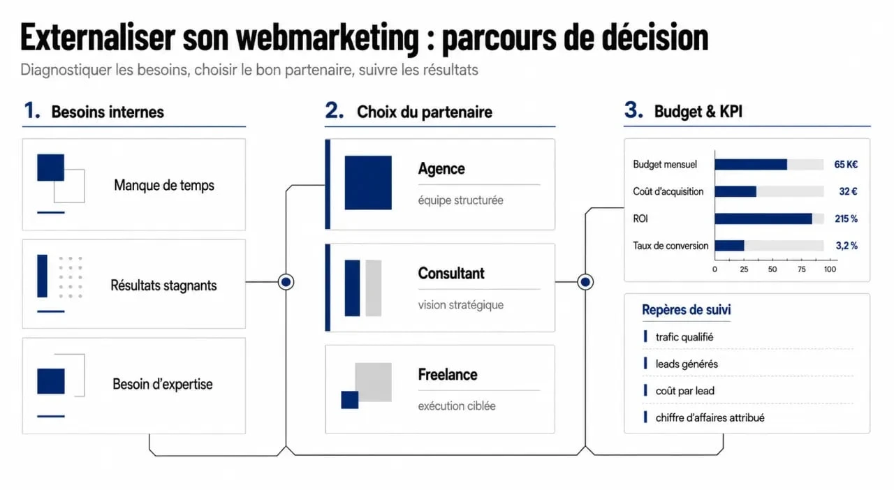 Webmarketing externalisé : schéma décisionnel entre agence, consultant et freelance avec budgets et KPI