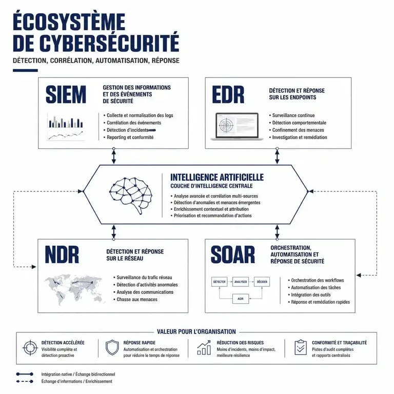 Schéma des technologies de cybersécurité augmentées par l'IA : SIEM, EDR, NDR et SOAR
