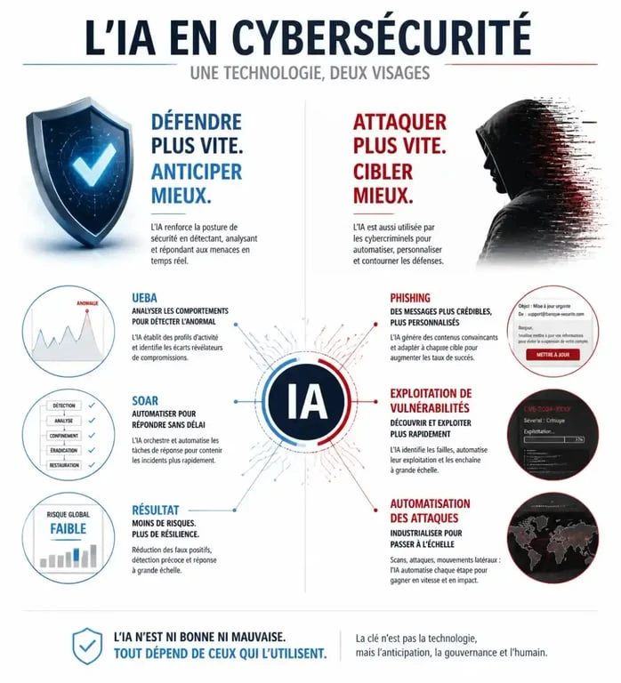 Infographie sur la dualité de l'IA en cybersécurité : défense proactive et menaces automatisées