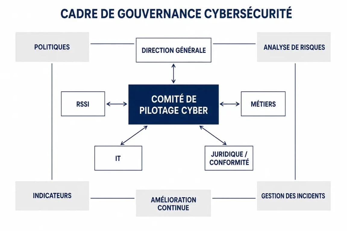 Gouvernance cybersécurité : schéma des rôles, du comité de pilotage et des indicateurs
