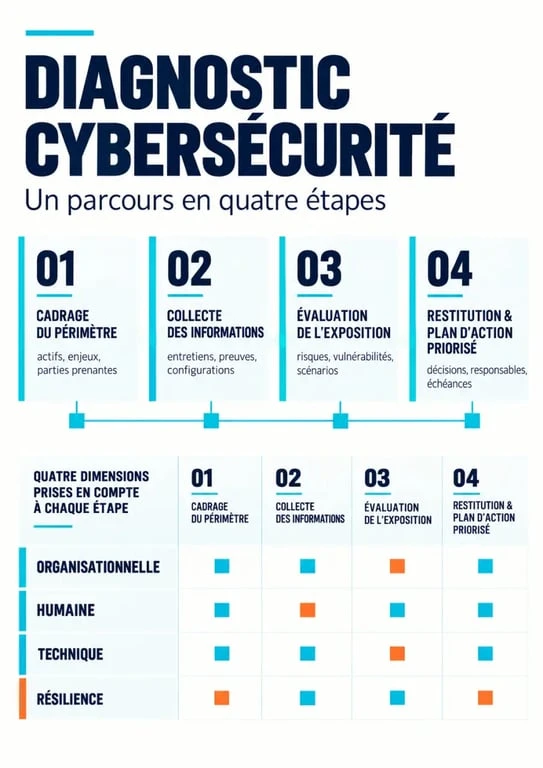 Infographie du parcours d’un diagnostic cybersécurité en quatre étapes
