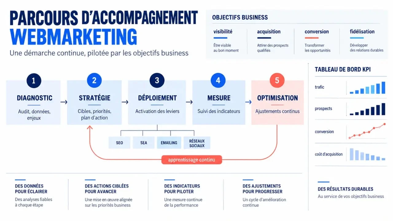 Schéma des étapes d’un accompagnement webmarketing, du diagnostic à l’optimisation