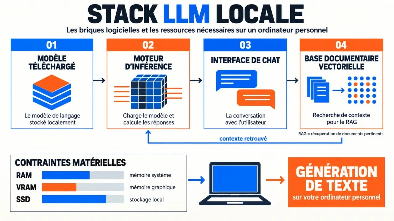 Schéma d'une stack de LLM local avec moteur d'inférence, interface de chat, RAG, RAM, VRAM et SSD