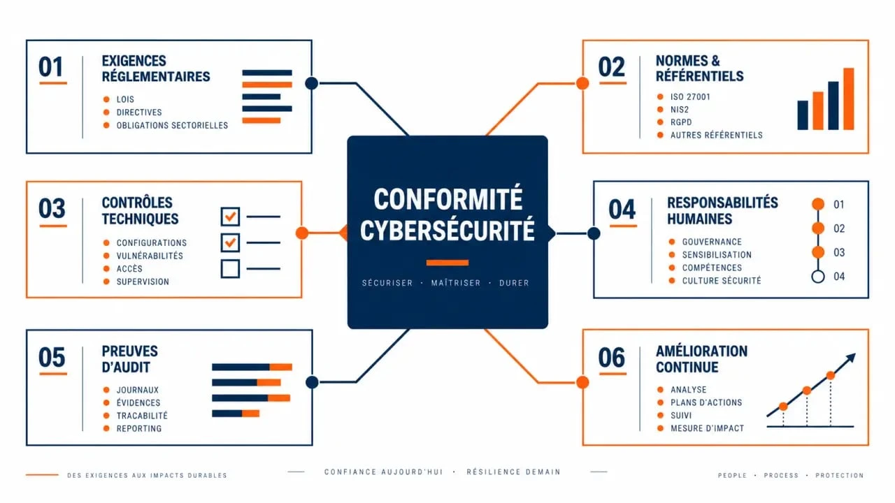 Schéma éditorial de la conformité cybersécurité reliant réglementations, contrôles, responsabilités et preuves d'audit