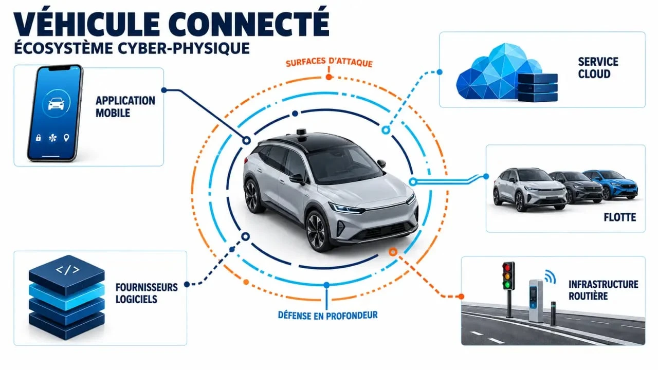 Schéma éditorial des surfaces d’attaque et des protections en cybersécurité automobile
