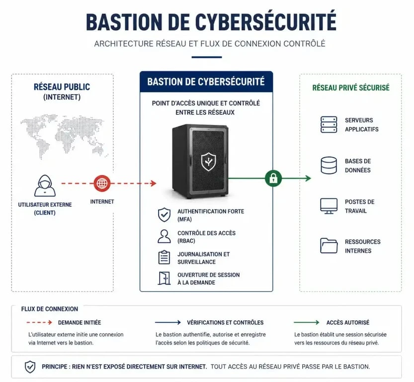 Schéma d'architecture d'un bastion de cybersécurité protégeant un réseau interne