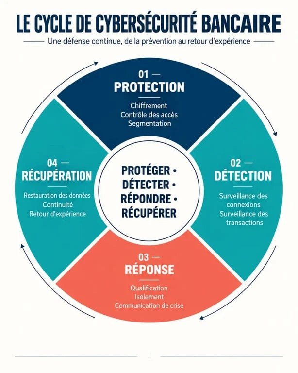 Infographie de cybersécurité bancaire présentant les étapes protection détection réponse récupération