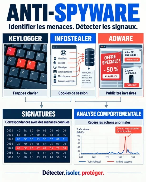 Infographie anti-spyware présentant les types de logiciels espions et leurs méthodes de détection