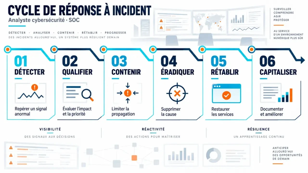 Infographie du cycle de réponse à incident par un analyste cybersécurité