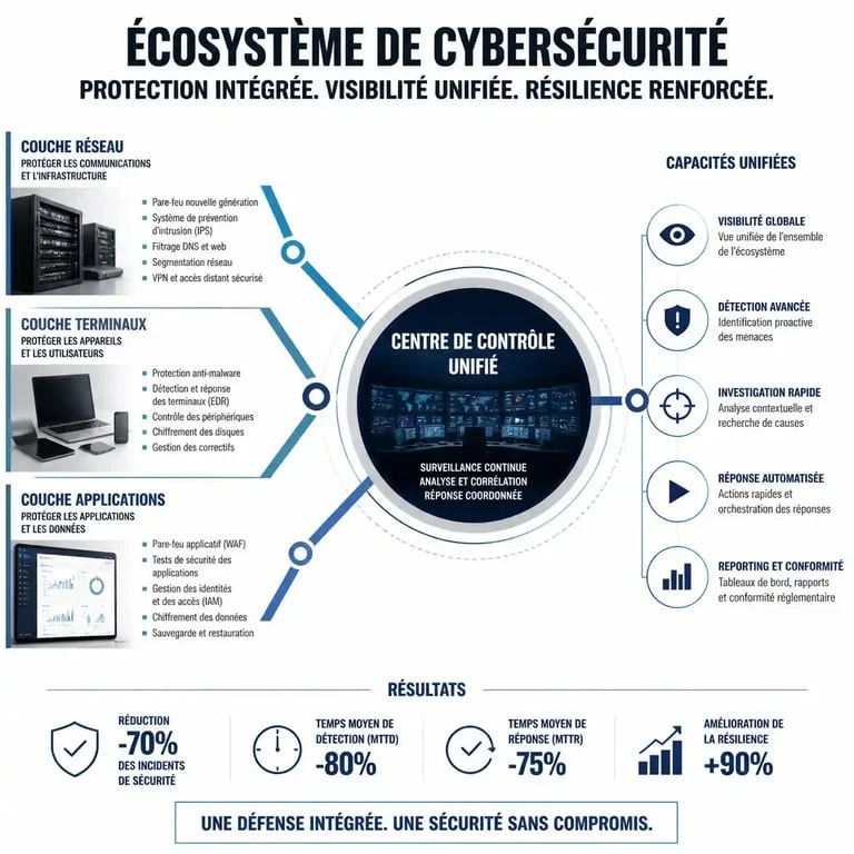 Schéma illustrant un écosystème de solutions de cybersécurité unifiées pour la protection des entreprises