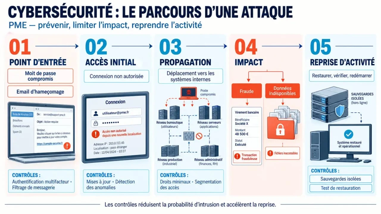Infographie sur la cybersécurité PME et les points de contrôle face à une cyberattaque