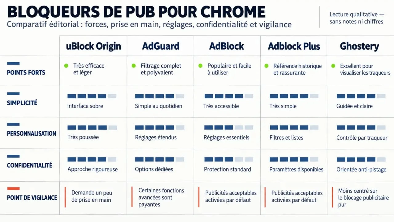 Infographie comparative du meilleur adblock pour Chrome selon la simplicité, la confidentialité et la personnalisation