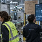 Cybersécurité industrie : ingénieure vérifie une armoire OT, vue SCADA