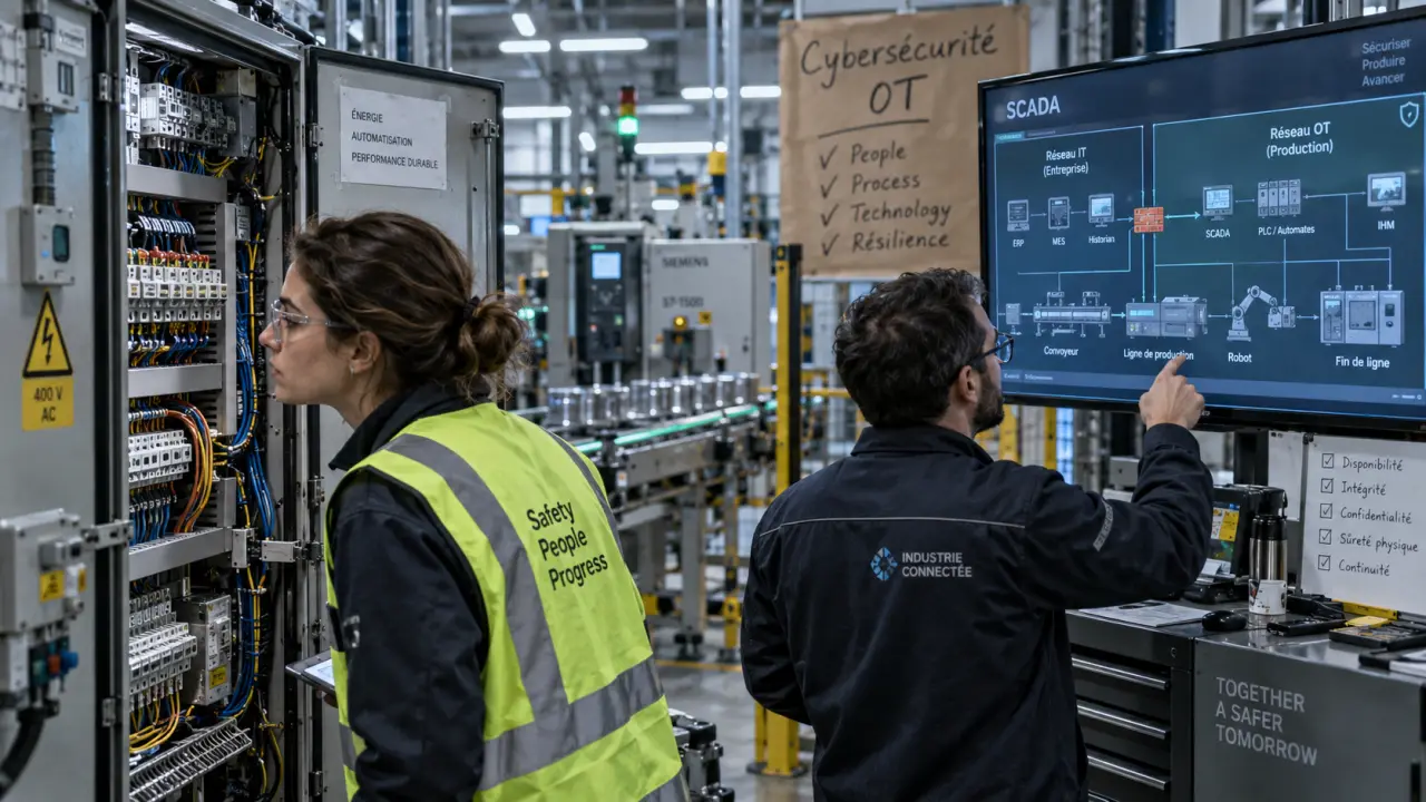 Cybersécurité industrie : ingénieure vérifie une armoire OT, vue SCADA