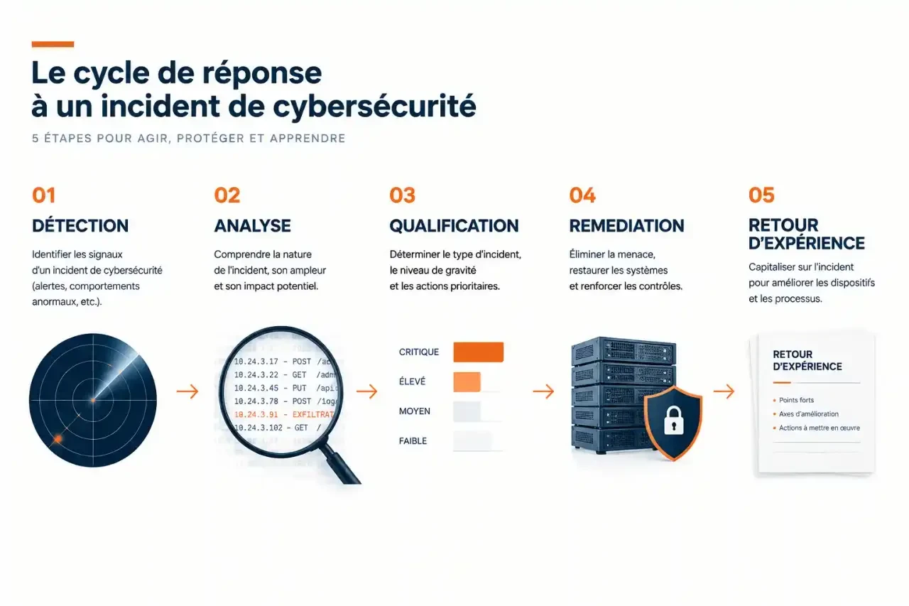 Schéma du cycle de réponse à incident, au cœur du métier d'ingénieur cybersécurité : détection, analyse, qualification, remédiation et retour d'expérience