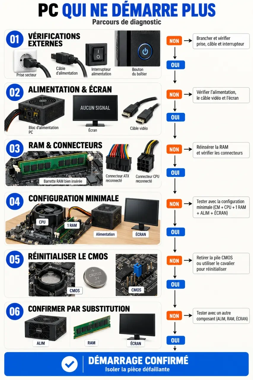 Schéma de diagnostic d’une carte mère HS et des vérifications à effectuer avant son remplacement