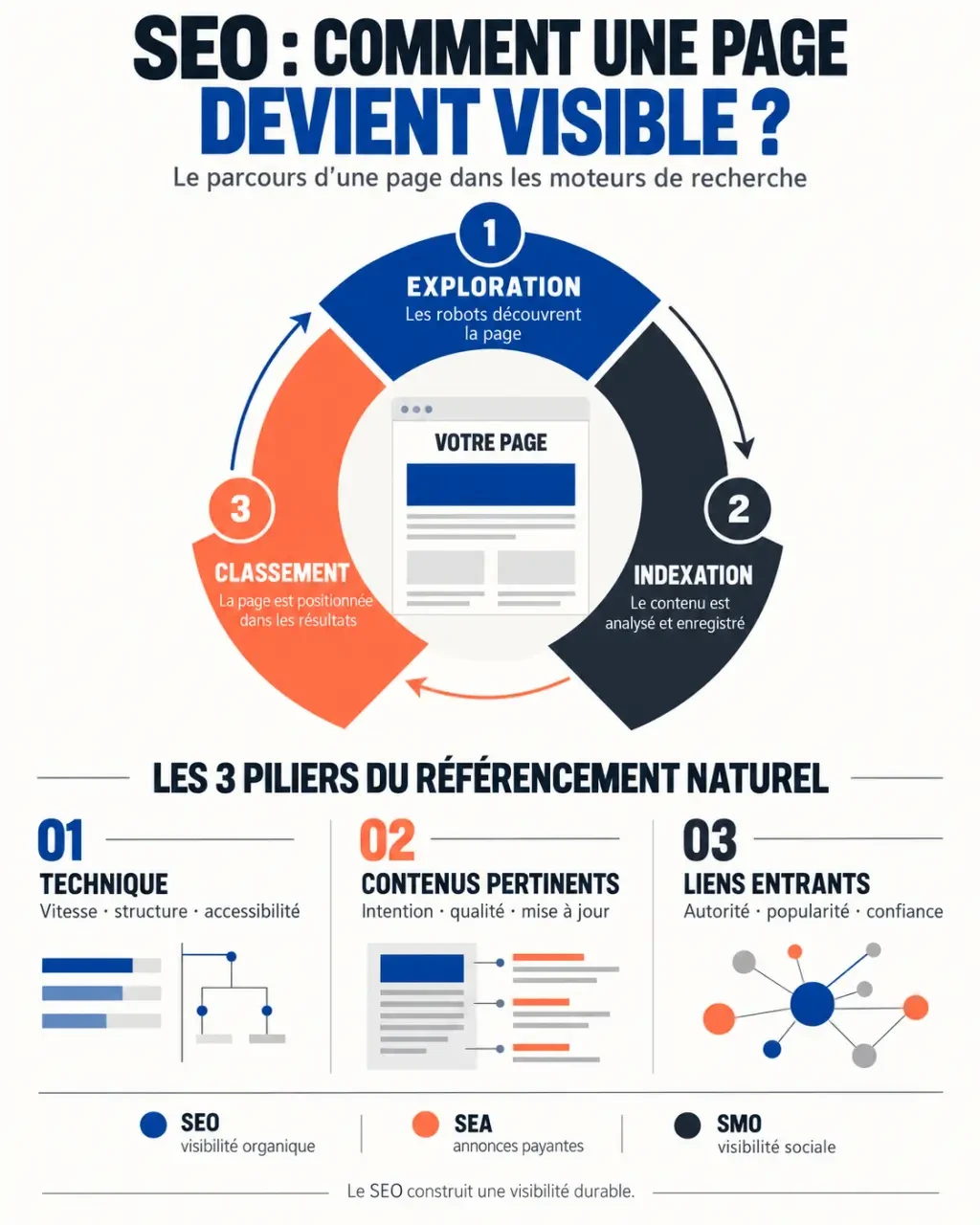 Infographie webmarketing SEO expliquant le cycle exploration indexation classement et les trois piliers du référencement naturel
