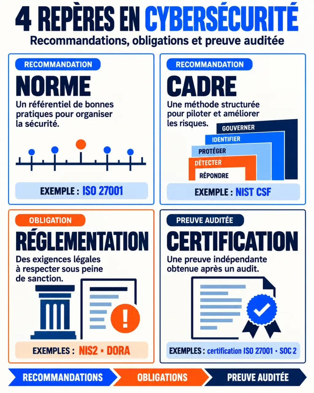Infographie sur les principales normes de cybersécurité, cadres, réglementations et certifications